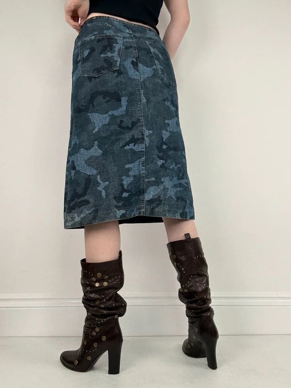 dark denim camo printed midi skirt