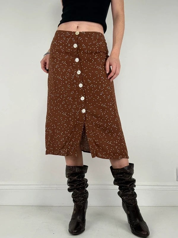 Brown polkadot button Rouje midi skirt