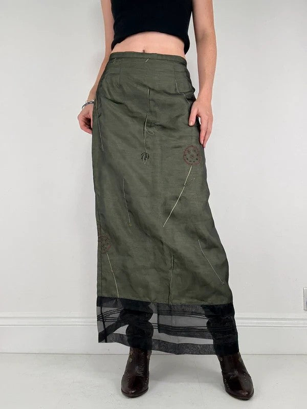 Green embroidered layered a-line maxi skirt