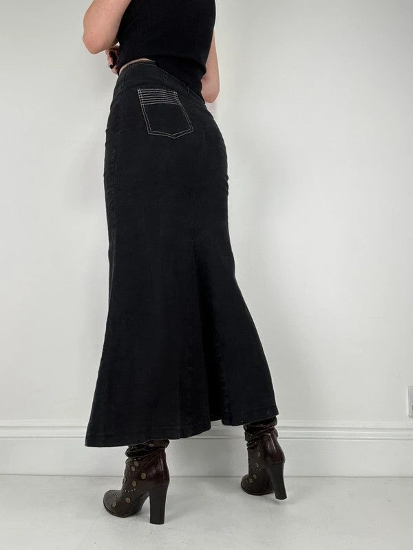 black linen high-waisted stitched flare maxi skirt