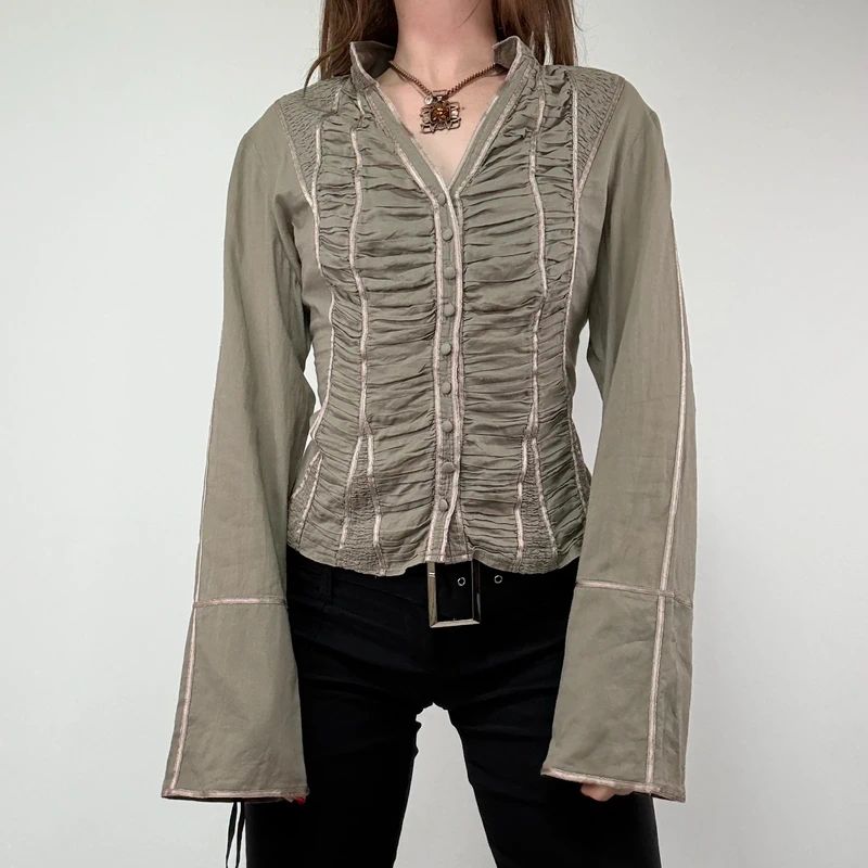 Khaki Gathered Lace Corset Shirt
