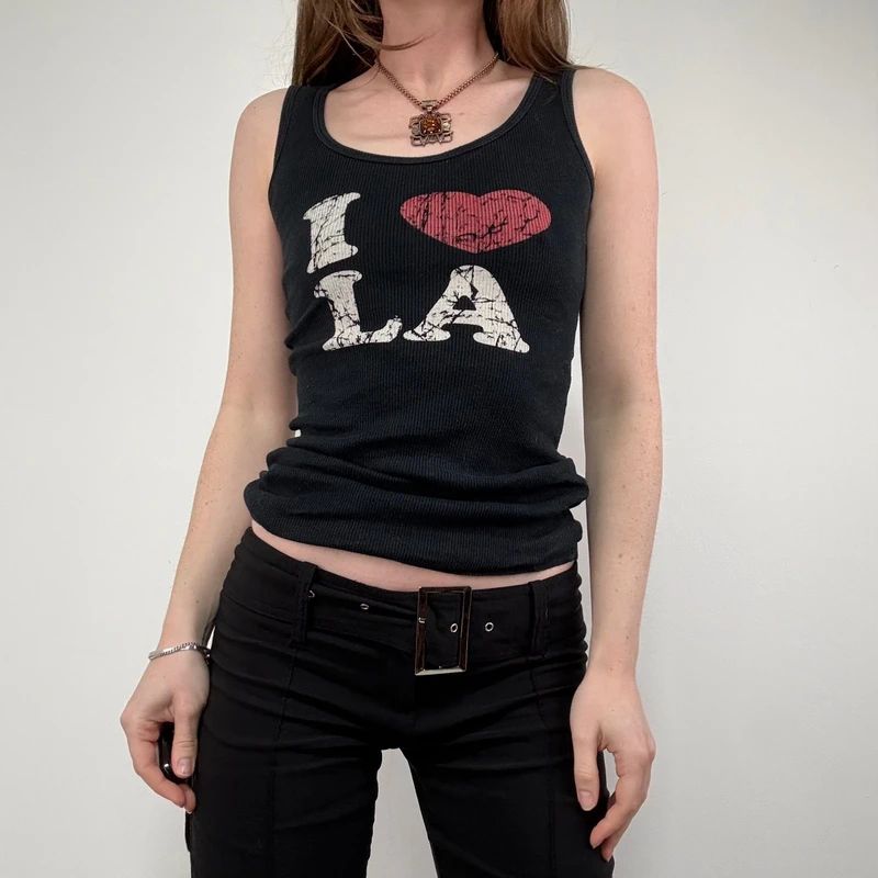 Graphic print I love LA black ribbed vest top