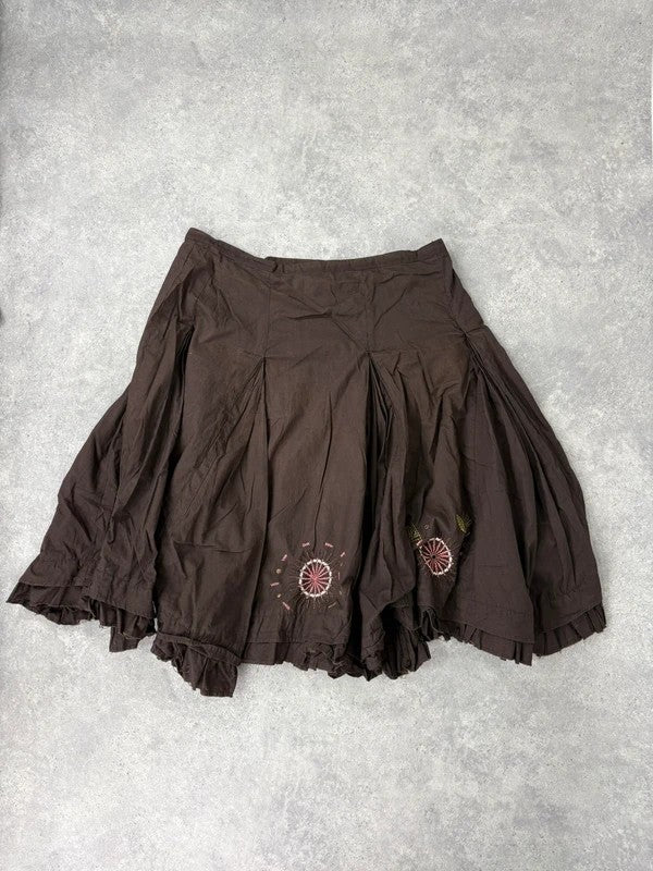 Brown cotton pleated flare boho floral skirt