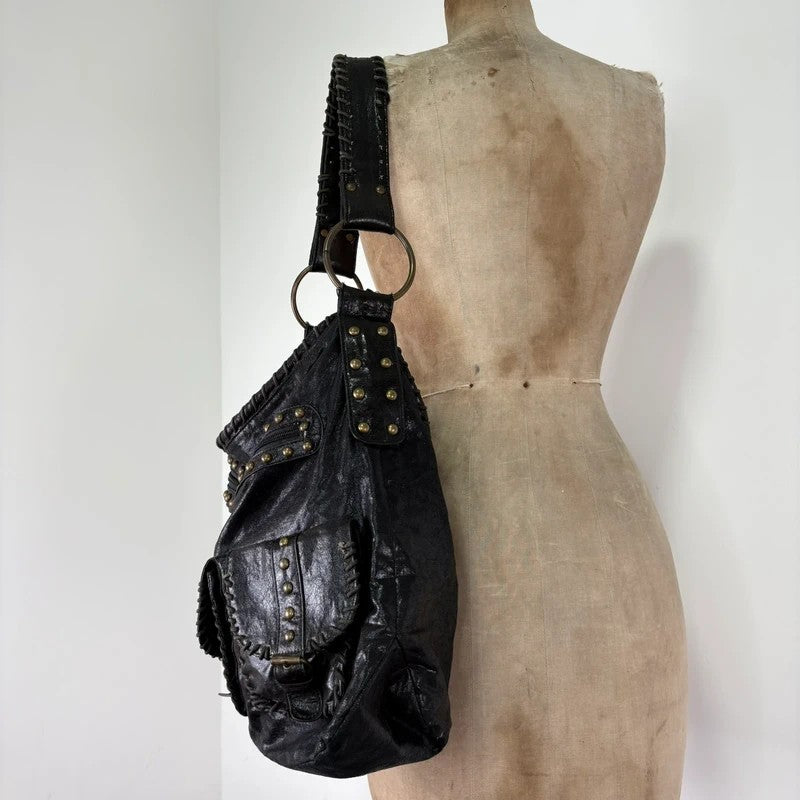 Black studded stitched slouchy shoulder bag