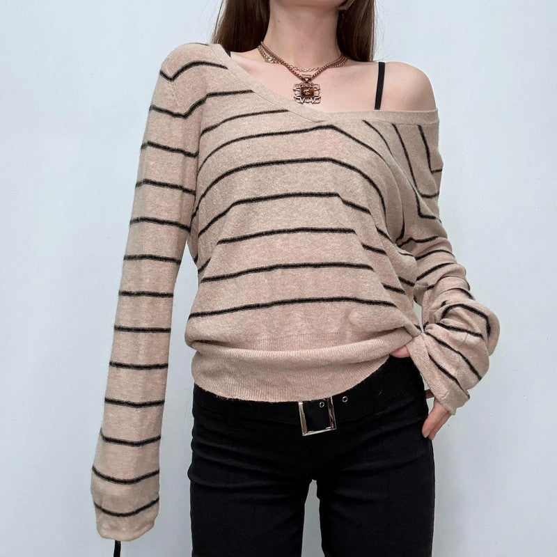 tan pinstripe wide neck slouchy jumper