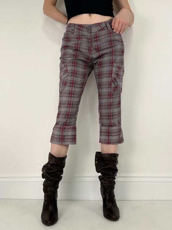 tartan checked red cargo denim capri pants