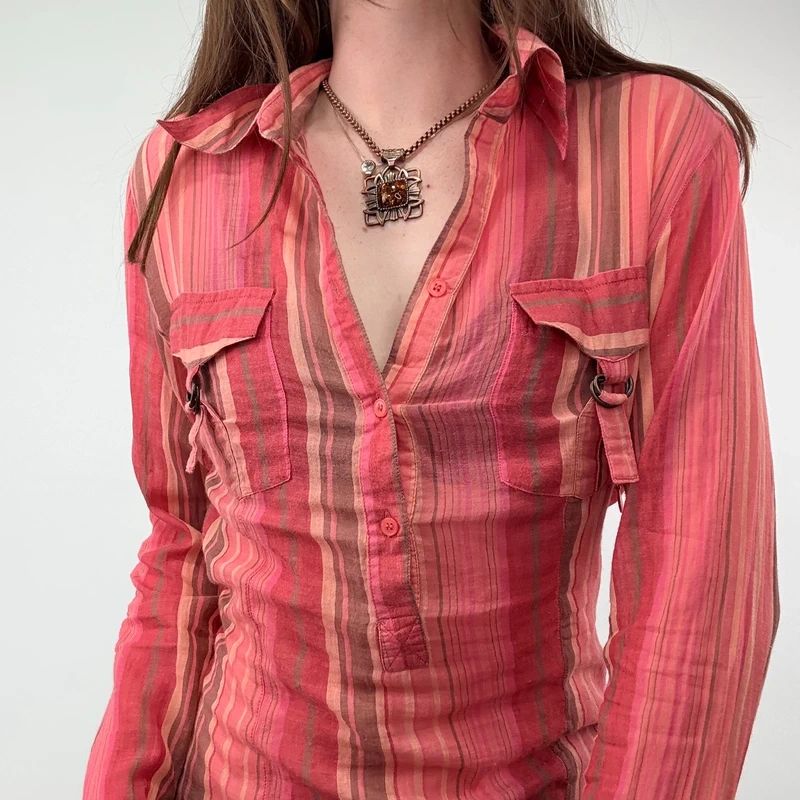 Pinstripe Sheer Flared cotton Cargo Shirt