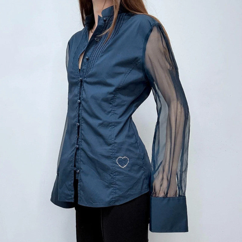 navy fitted shirt sheer puff sleeves