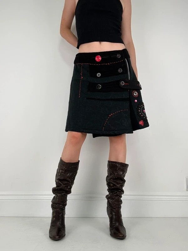 Flared black wool abstract button midi skirt