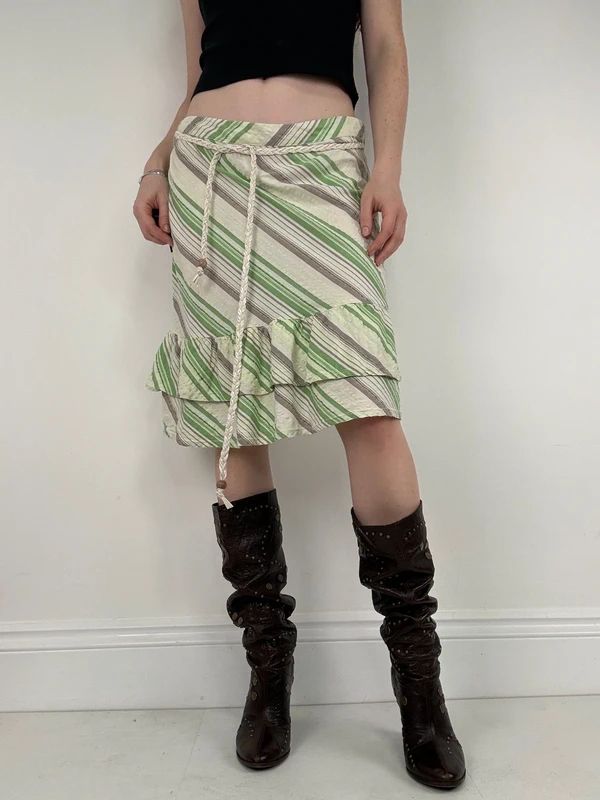 Pinstripe ruffle boho Y2K midi skirt