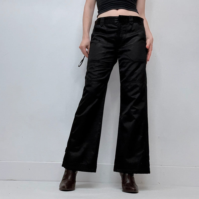 black wide leg flared low rise black satin jeans