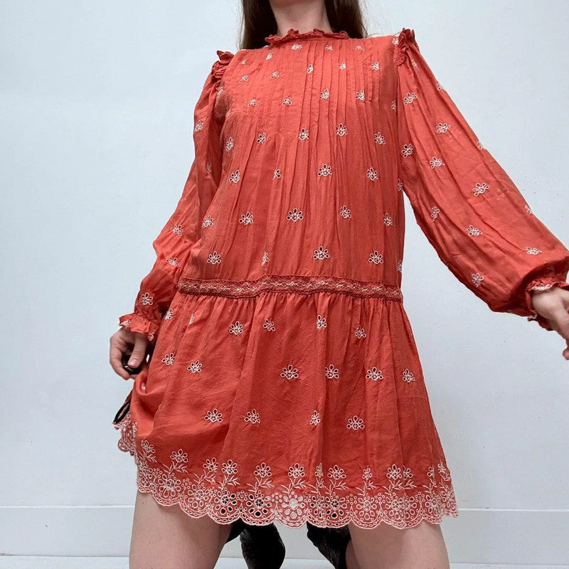 orange boho embroidered puff boho dress