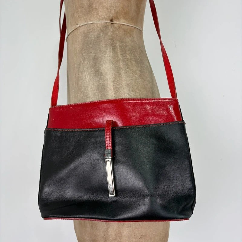 Black and red leather patient mini messenger bag