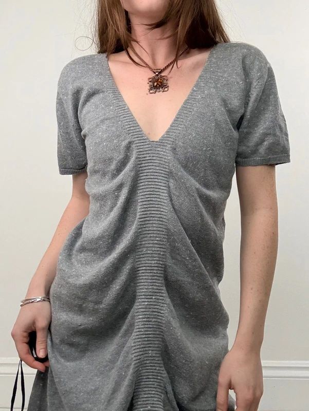 grey gathered draped front asymmetric dress