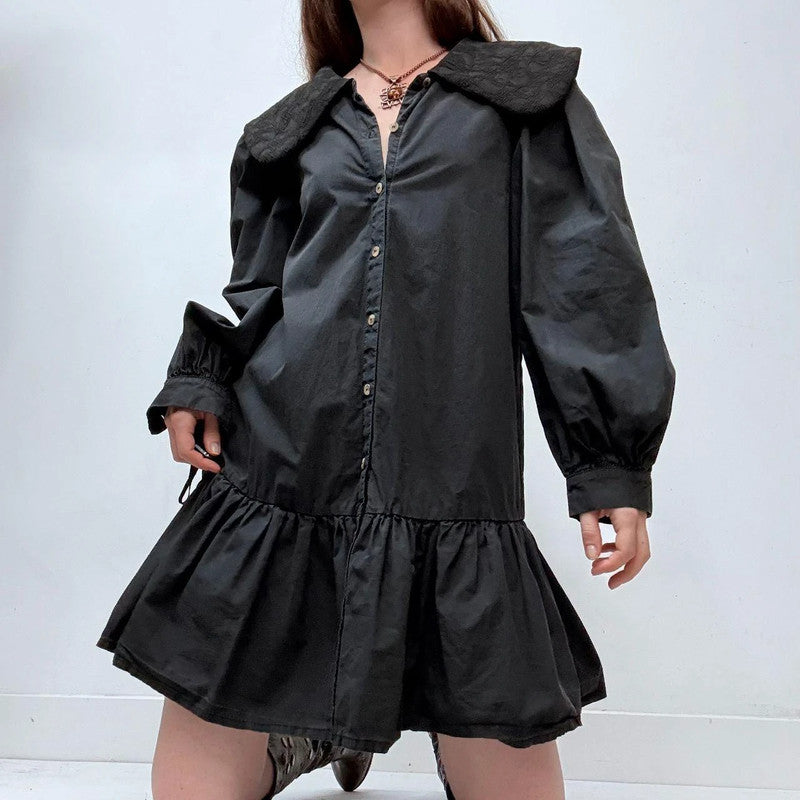 black puff embroidered shirt dress