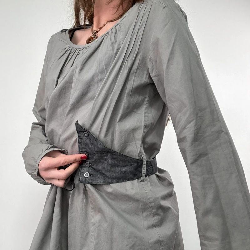 utility khaki pleated blouse with harness braces