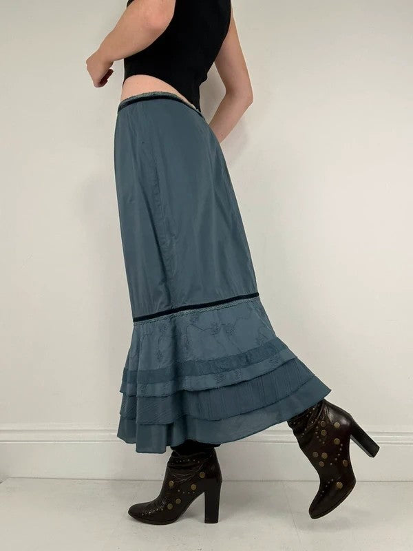 Blue cotton lace tiered maxi skirt