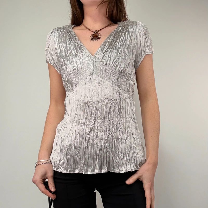silver crinkle pleated blouse vest