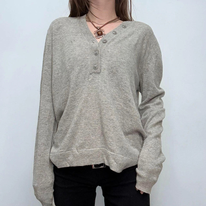 grey slouchy button knitted jumper