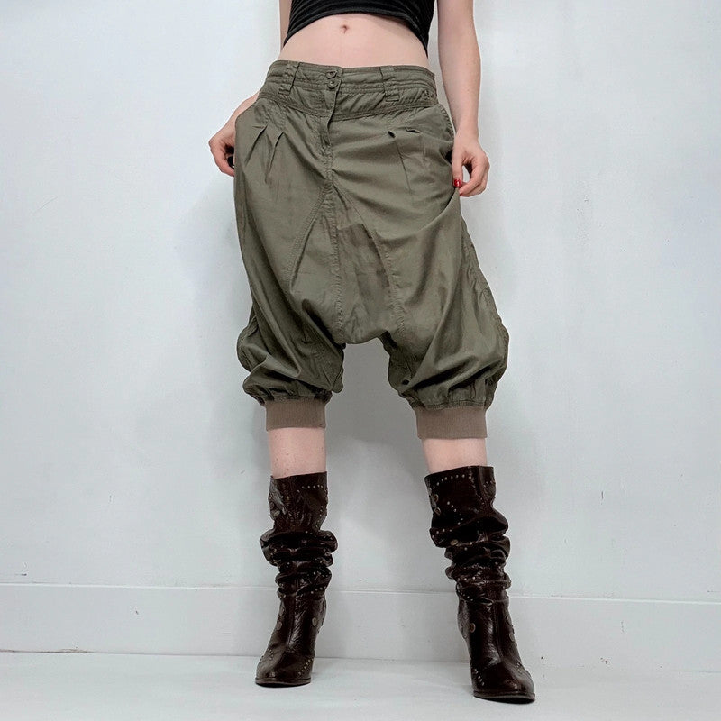 khaki drop crotch pleated balloon capri pants