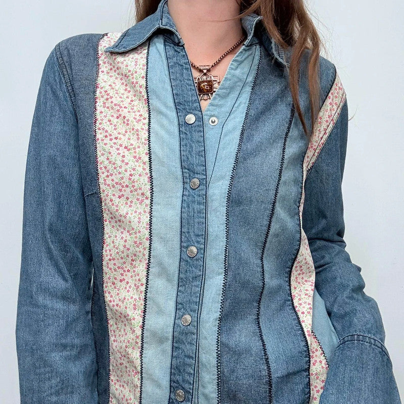 denim striped western floral shirt