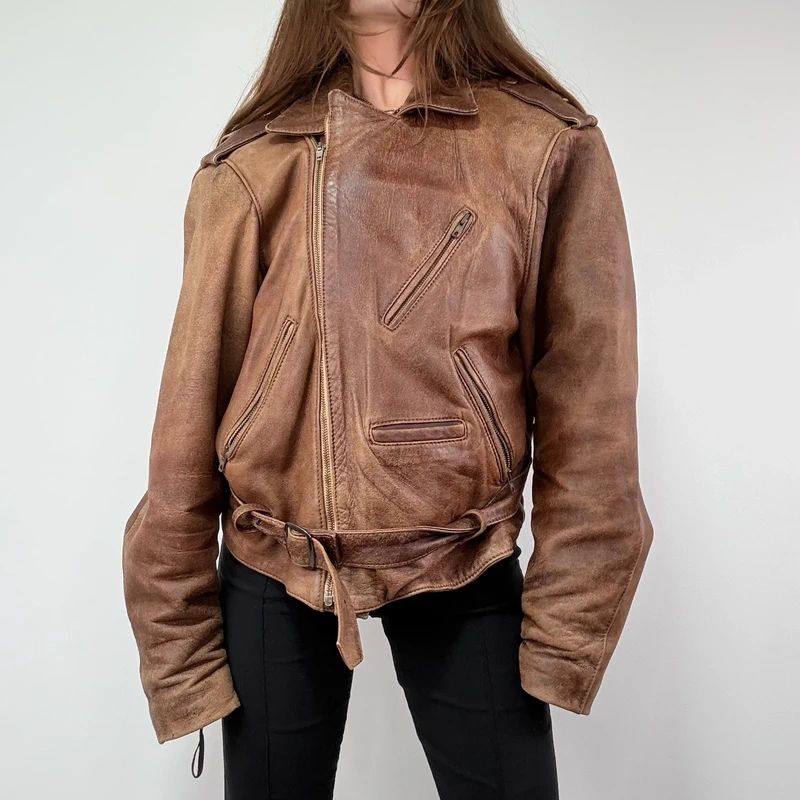 Oversized Brown leather Slouchy Biker Jacket