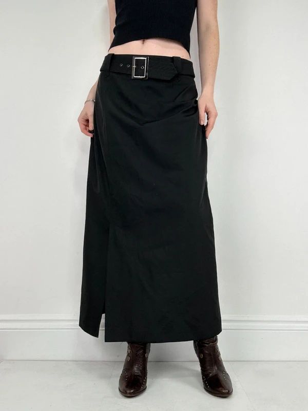 black a-line maxi belted skirt