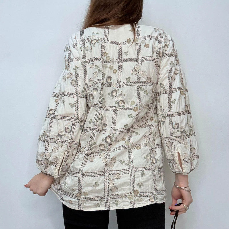 white embroidered flared puff sleeve shirt