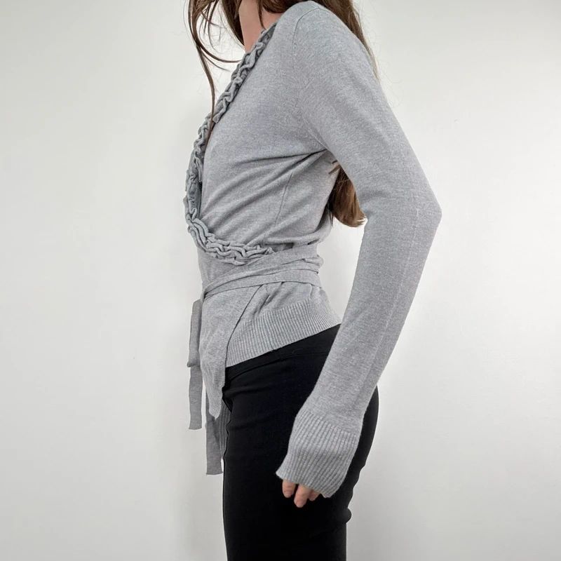 grey knit ruffle wrap cardigan