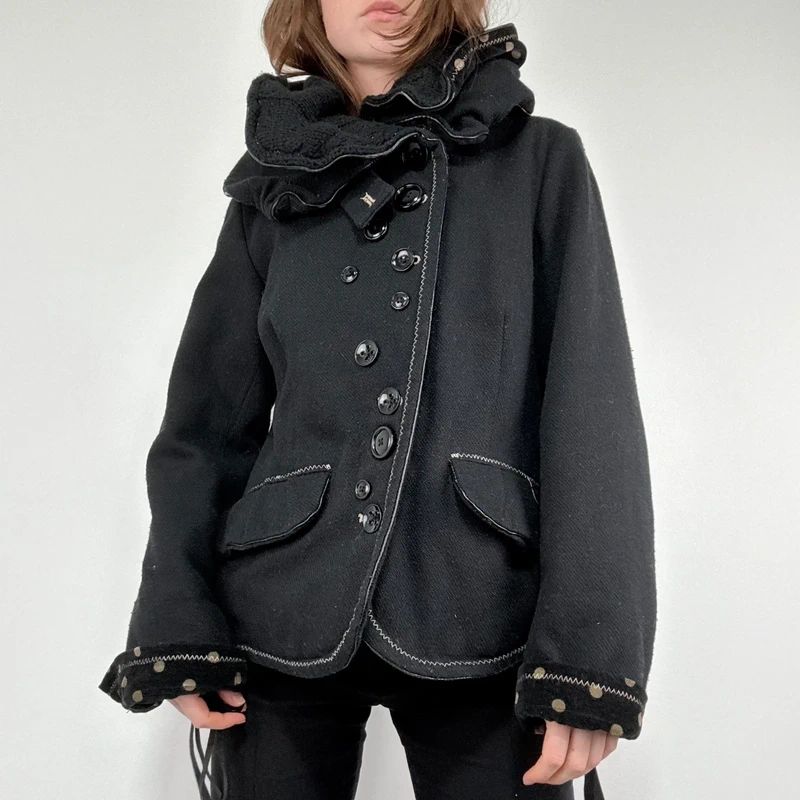black structured asymmetric polkadot coat