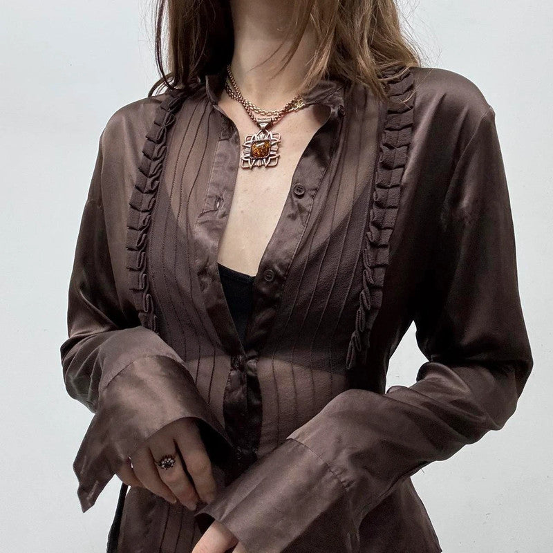 brown sheer silk pinstripe ruffle shirt