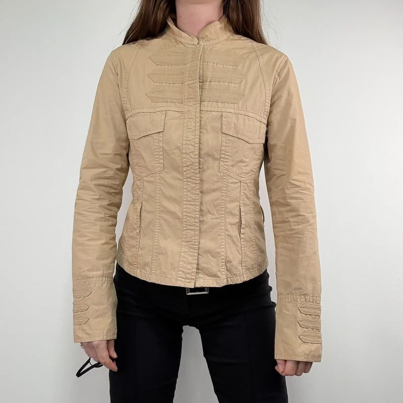tan fitted panelled military jacket