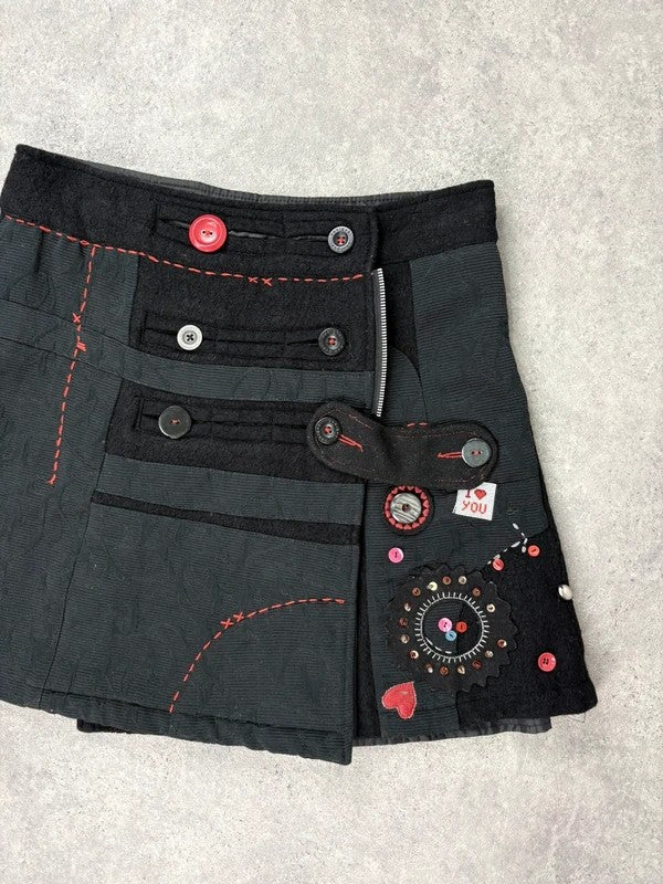 Flared black wool abstract button midi skirt