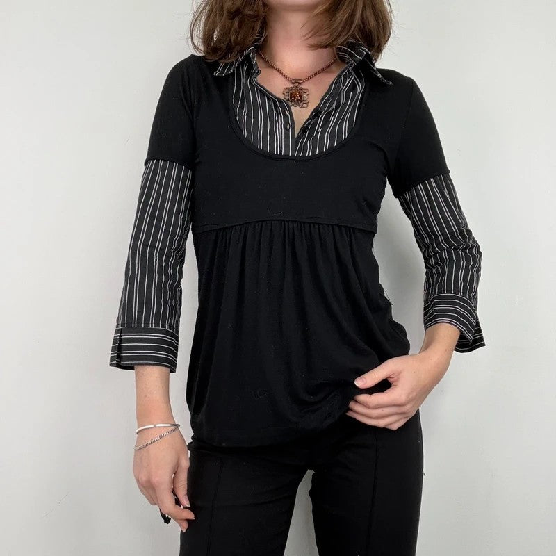 black pinstripe layered flared shirt