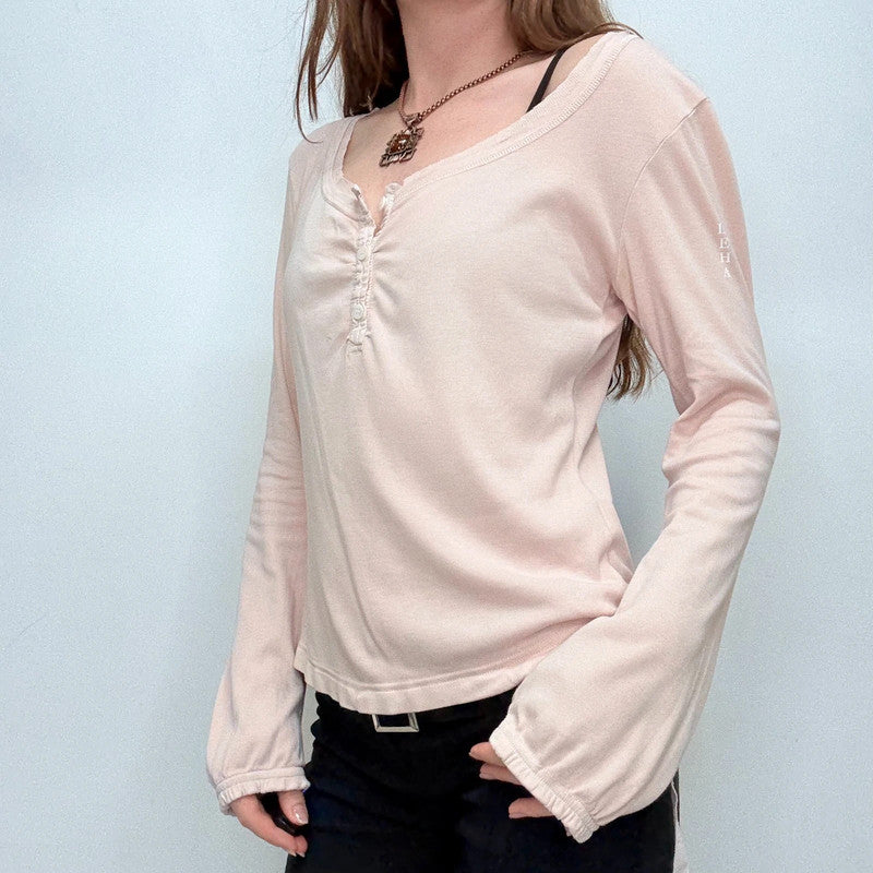 pink slash neck cinched long sleeve t-shirt