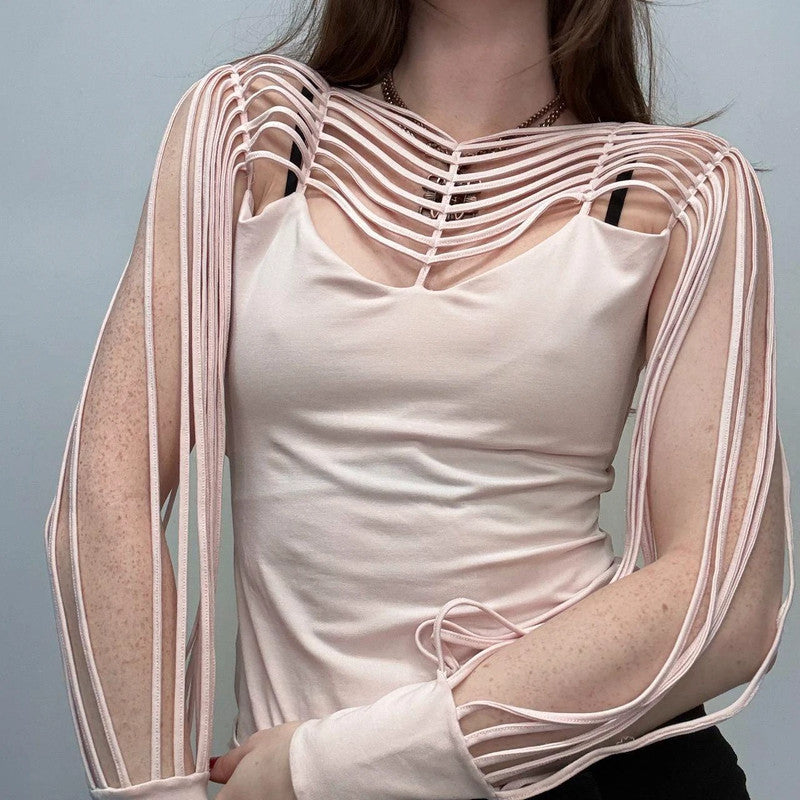 pastel pink cut-out sleeve flared shirt