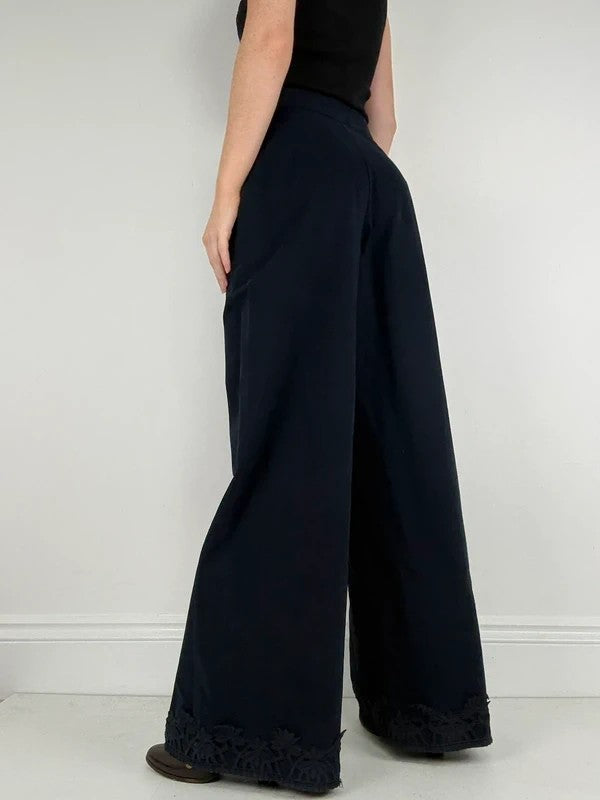 navy ultra wide leg lace hem trousers