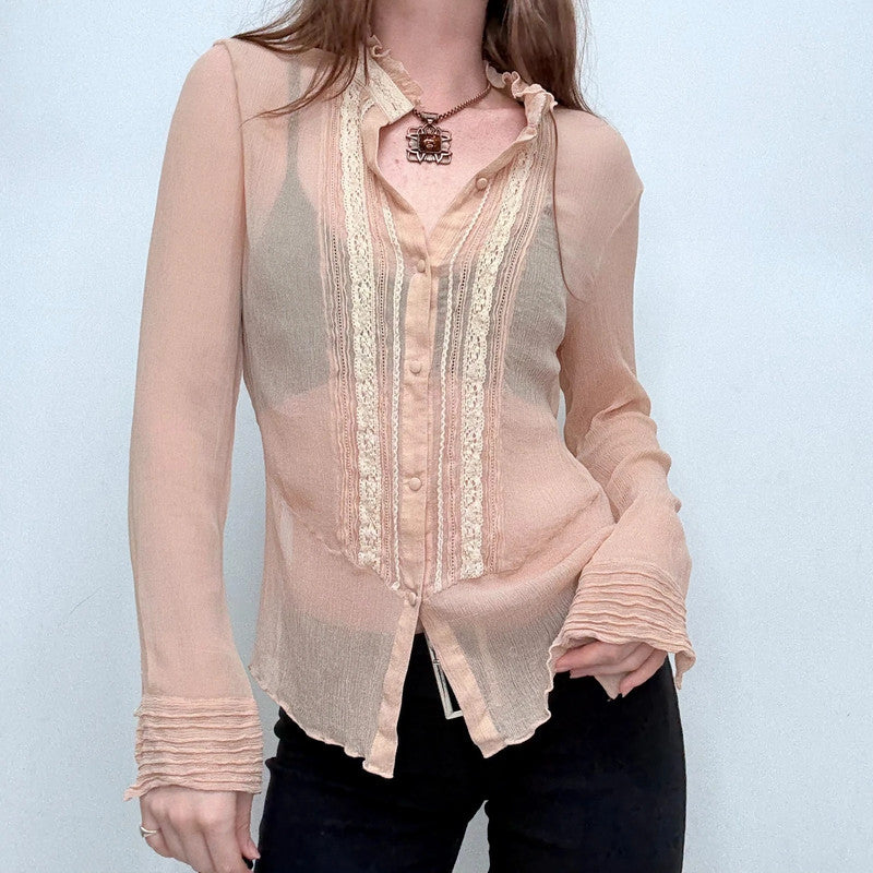 sheer crinkle silk lace blouse