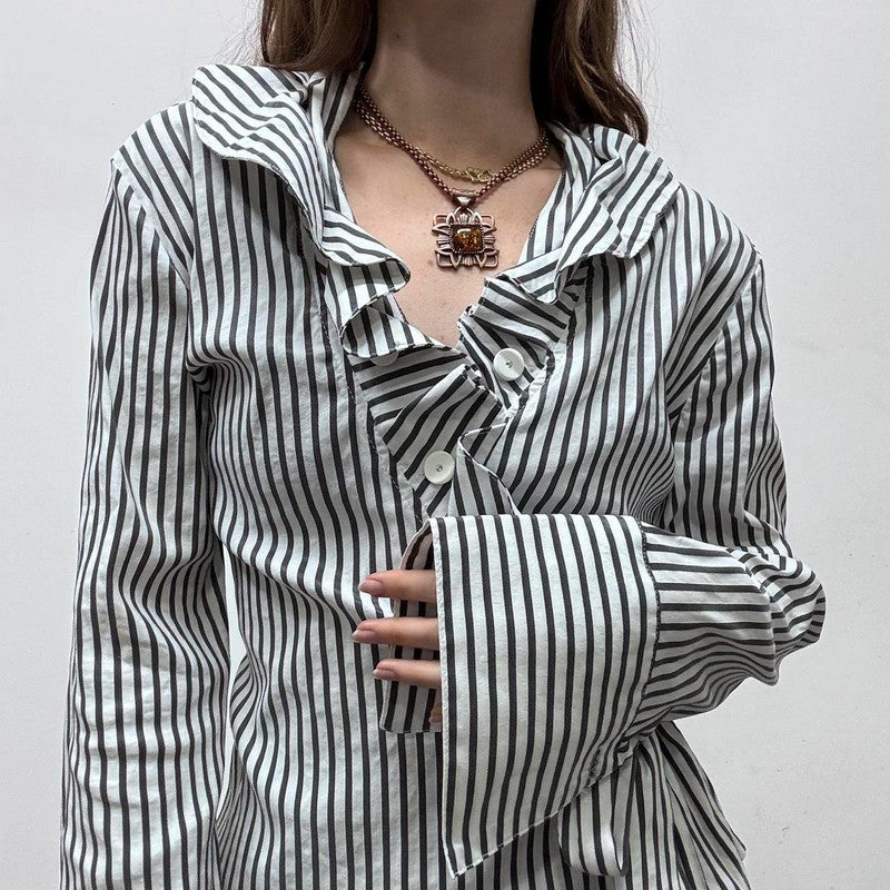 white pinstripe wrap ruffle shirt