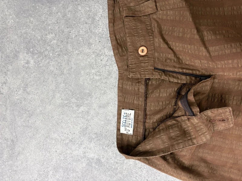 brown pinstripe wide-leg textured flare trousers
