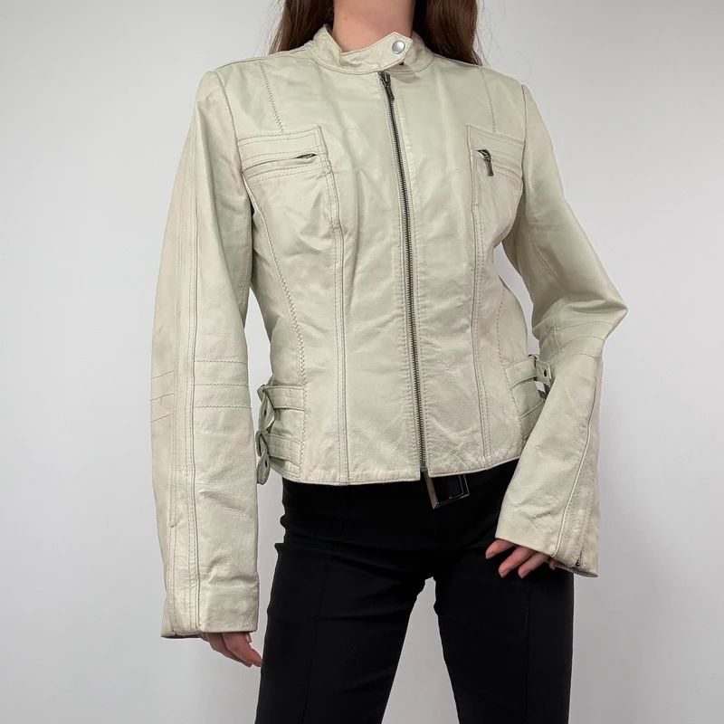 Cream Cropped Leather Biker Jacket