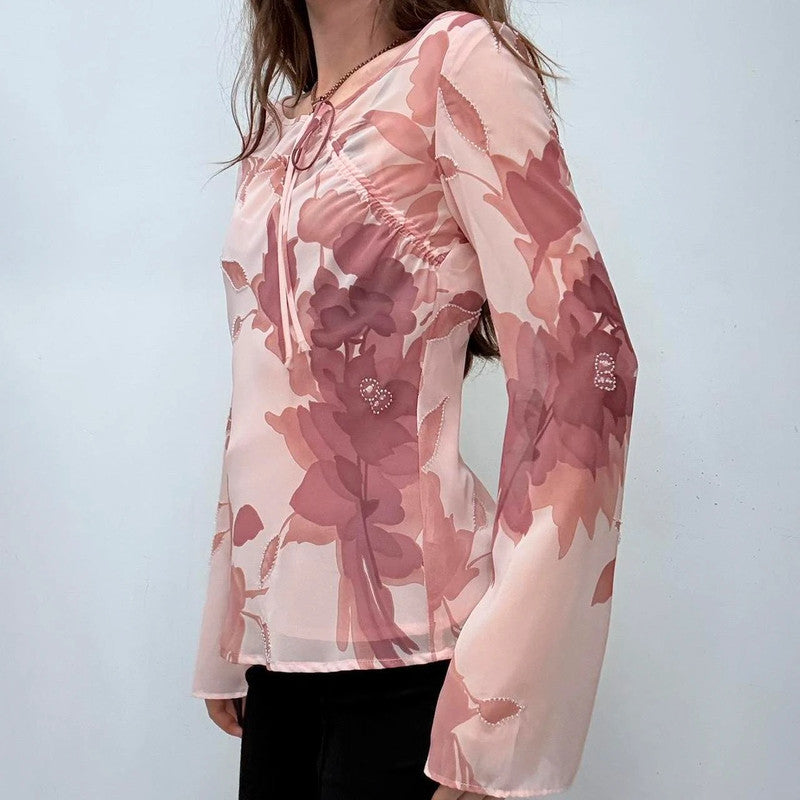 pink flared floral shirt