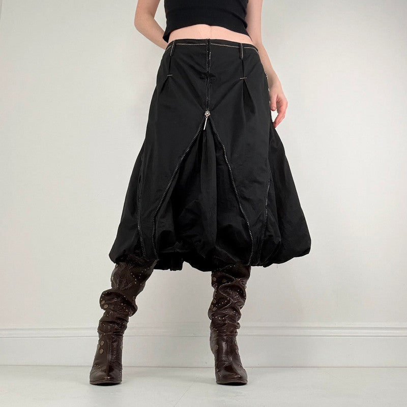 Black structured puff zip midi skirt