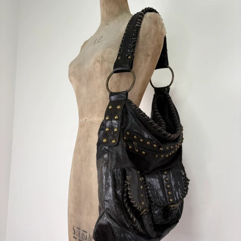 Black studded stitched slouchy shoulder bag