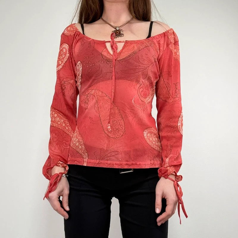 sheer paisley slouchy off-the-shoulder mesh blouse