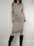 khaki striped gathered cinched midi dress