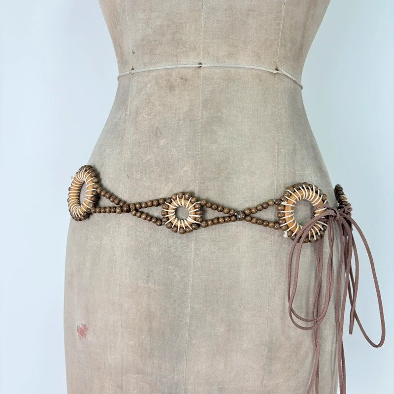 Woven beaded tie up waist belt