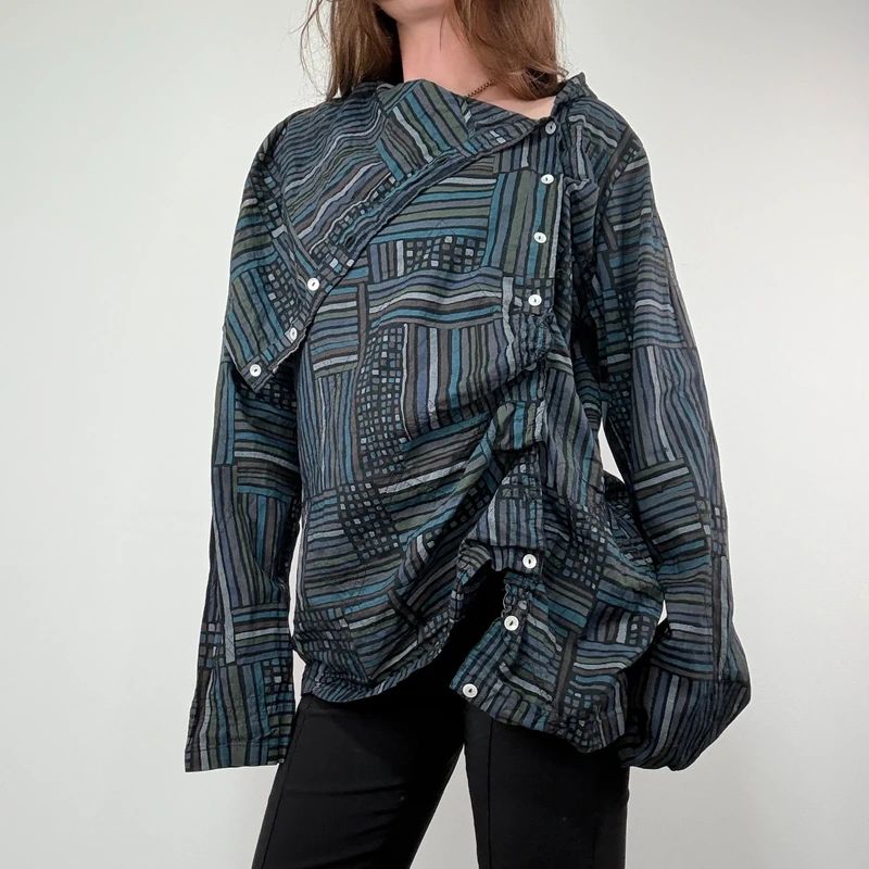 Asymmetric fold over draped checked pinstripe Shirt