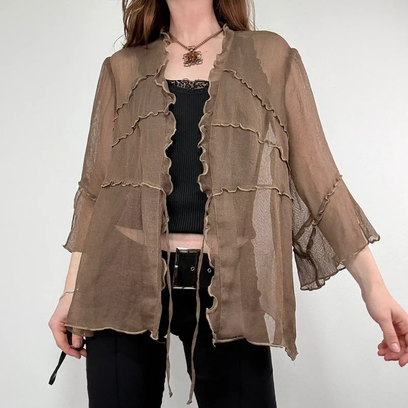 brown ruffle mesh slouchy flare shirt