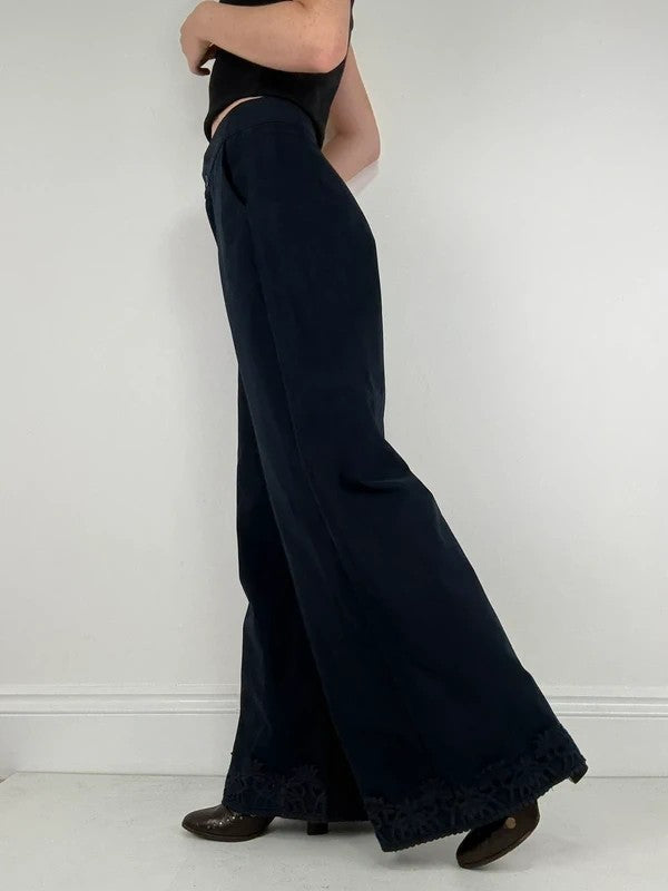 navy ultra wide leg lace hem trousers